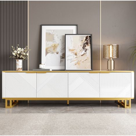 Meuble TV 160x37,5x48 cm blanc en MDF avec relief géométrique et rangements (1/5)