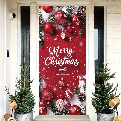 Bannière de porte « Joyeux Noël » 89 x 180 cm - Décoration de porte d'entrée rouge avec flocons de neige et inscription personnalisée, à suspendre au mur pour les fêtes de fin d'année, idéale pour Noë (1/5)