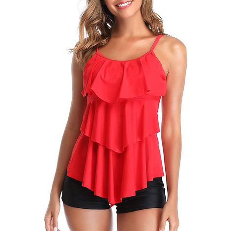 Maillot de bain deux pièces tankini imprimé à volants pour femme avec shorty (1/5)