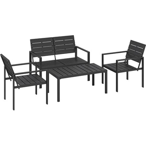 Set de lounge pour 4 personnes – Canapé 2 places + 2 fauteuils + table basse, assises en lamelles HDPE résistant aux UV et à l’eau – Idéal pour jardin et terrasse – Noir (1/5)