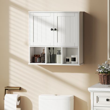 Armoire murale salle de bain, meuble rangement 2 portes, étagère ajustable et niches ouvertes, blanc (1/5)