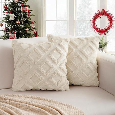 2er Set Weihnachten Kissenbezug 40x40 Boho - Beige Zierkissen Kissenbezüge Gefühl in Wolle, Dekorative Sofakissen Kissenhülle aus Polyester, Dekokissen Bezug für Sofa Schlafzimmer (1/5)