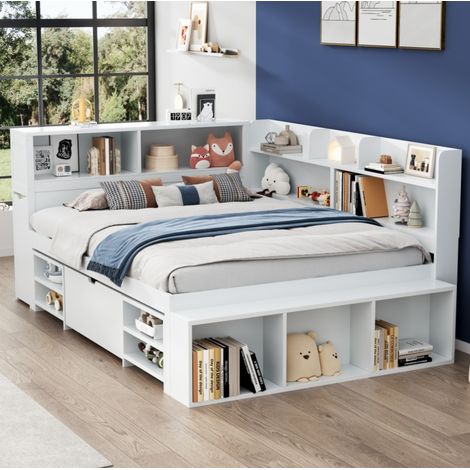 Kinderbett 140/190 cm weiß aus Sperrholz mit Schubladen und Regalfächern (1/5)