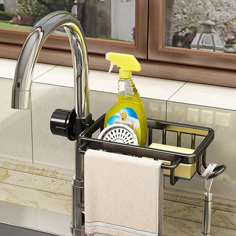 Spülschwammhalter — Schwamm-Organizer aus Aluminiumlegierung zur Montage am Wasserhahn, Aufbewahrungskorb aus Metall für die Spüle mit Handtuchstange, hängendes Abtropfgestell für Küchen- & Badezimmer (1/5)