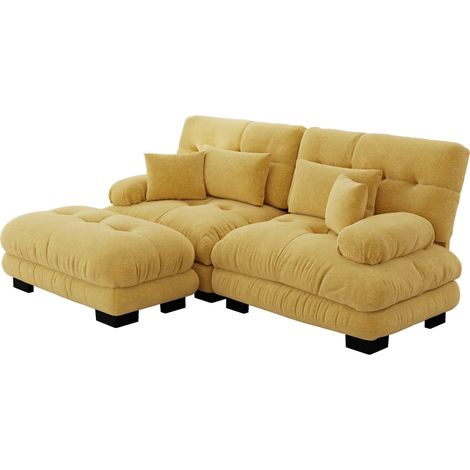 Modulares gelbes Ecksofa aus Chenille mit 2 Lendenkissen, 2 Dekokissen und Ottomane (1/5)