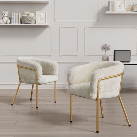 Le lot de 2 Chaise de coiffeuse – Convient au salon et à la chambre – Quatre pieds en métal – Revêtement en fausse fourrure façon lapin – 57 × 57 × 77 cm – Blanc (1/5)