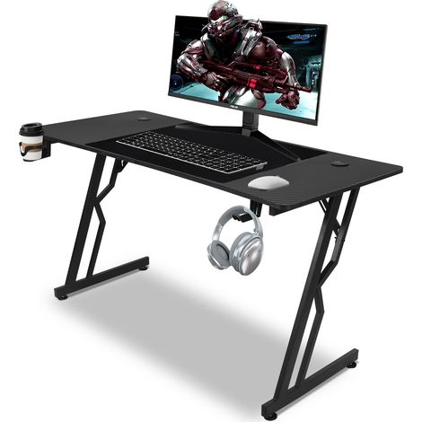 Randaco Bureau Gaming , Bureau Gamer avec Tapis de Souris, Table Gaming PC en Fibre de Carbone avec Crochet pour Casque, Modèle de base 140 x 60 cm