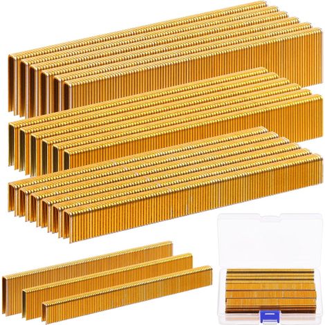 Lot de 2 800 agrafes à couronne étroite de calibre 18, 3 tailles : 1,27 cm, 1,9 cm, 2,5 cm – Assortiment d'agrafes étroites galvanisées pour agrafeuse électrique, pneumatique, bricolage (doré) (1/5)