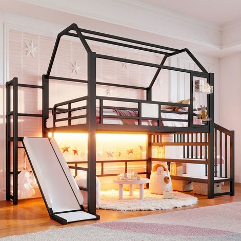 Lit Mezzanine Enfant 140 x 200 cm structure maison escalier et toboggan rangement intégré cadre métal noir éclairage LED Bluetooth (1/5)