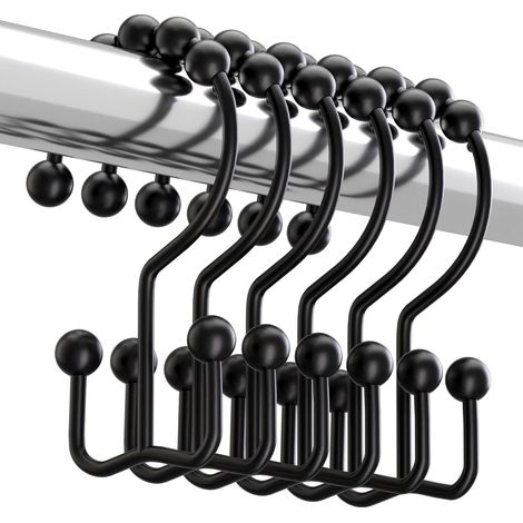 Anneaux de rideau de douche - Crochets de rideau de douche - Crochets coulissants doubles pour rideaux de douche - Pour rideaux et tringles de douche - Acier inoxydable - Noir - Lot de 12 crochets (1/5)