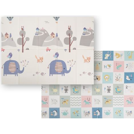 Tapis d'éveil KiddyMoon pour bébé, double face, en mousse, idéal pour les tout-petits. Motifs adaptés aux enfants, confortable et parfait pour l'intérieur et l'extérieur. 150 x 200 x 1 cm, gris.