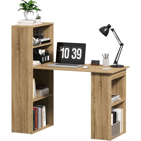 Eck-Computertisch mit Ablagefach und angrenzendem Bücherregal, Eiche mit vielfältigem Stauraum, ideal für Computer und Heimbüro.