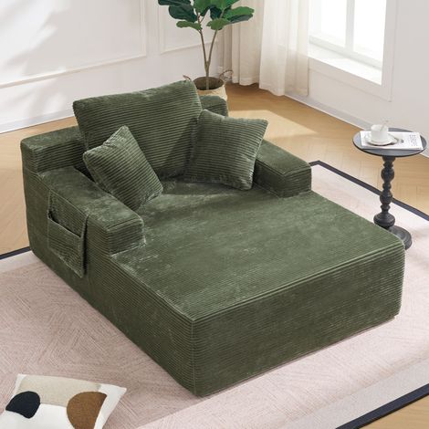 Divano letto verde in velluto a coste, senza montaggio, con tasche laterali e cuscini (1/5)