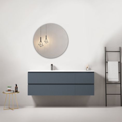 Mobile bagno sospeso cannettato 140 cm Blu Mare Lavabo a Sinistra in Resina Specchio Tondo - Fiji Paint (1/4)