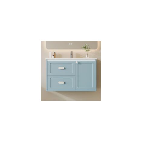 Armoire suspendue de salle de bain 76x46x51cm, finition laquée complète éclairage LED à détecteur radar deux tiroirs à glissières silencieuses lavabo intégré bleu