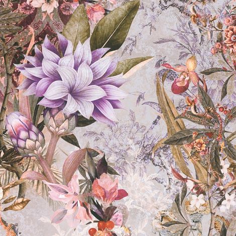Blumen Tapete Profhome 381773 glatte Vliestapete ohne Struktur mit floralen Ornamenten matt lila beige oliv-grün orange 5,33 m2