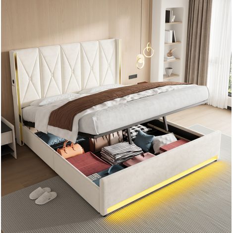 Lit coffre moderne en velours beige 180x200 cm avec tête de lit haute capitonnée, USB/Type-C, LED et rangement