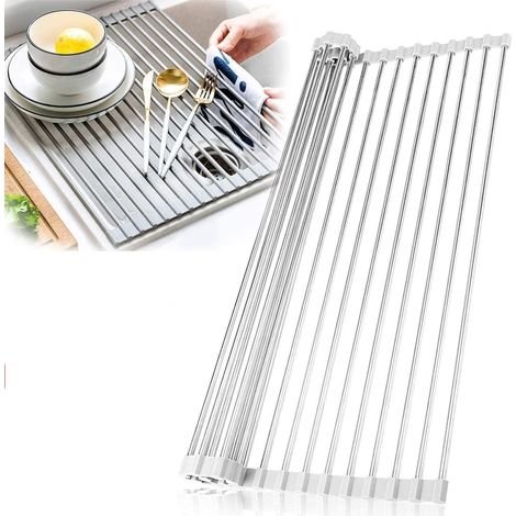 Grille De Sechage Vaisselle - Inox ASTM304 Et Silicone CE - Pour Evier Cuisine - Enroulable Et Pliable - 52 X 33 Cm