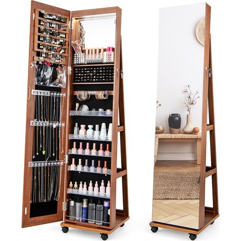 Armoire à bijoux marron 162 cm avec miroir intégral, éclairage LED 3 couleurs et roulettes verrouillables pour chambre et dressing (1/5)