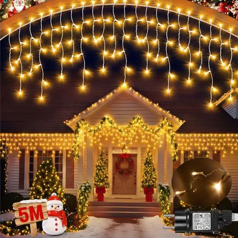 Guirlande Lumineuse Rideaux glaçon Exterieur Noël LED IP44 5M 200 LEDs,Blanc chaud,Basse Tension,8 Modes,mémoire,Timer,Pour Jardin (1/5)