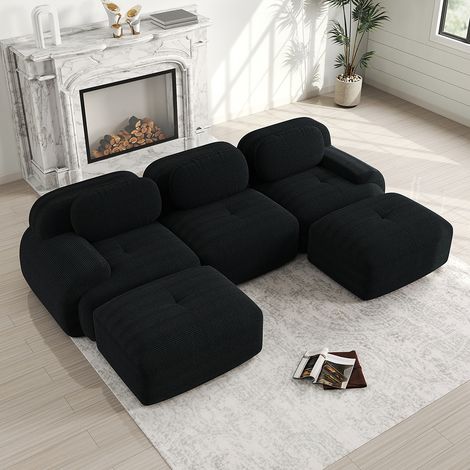 Canapé modulable en U, tissu velours côtelé, accoudoirs extra-larges, rembourrage haute résilience 32D- Noir (1/5)