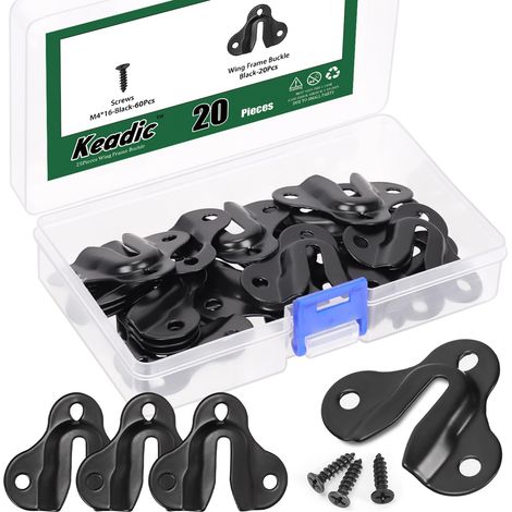 Lot de 20 cintres noirs avec 60 vis, crochets papillon pour cadre photo, tasses, clés, manteaux, planche en bois, support mural à trou de serrure unique (1/5)