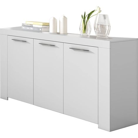 Pegane – Buffet meuble salle à manger 3 portes blanc Artic – Dimensions 144 x 80 x 42 cm – Panneaux mélamine haute qualité – Design contemporain (1/4)