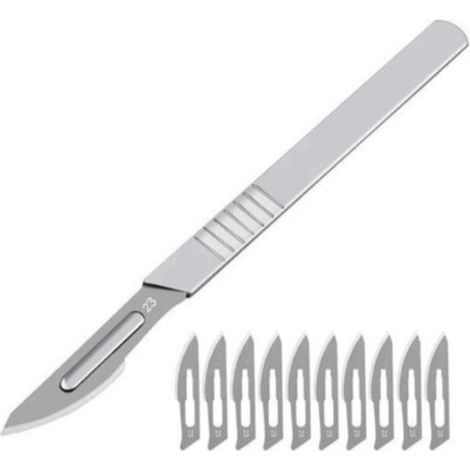 Couteau scalpel plat avec 10 lames - Manche en acier inoxydable - Couteau hobby - Couteau de précision (1/2)