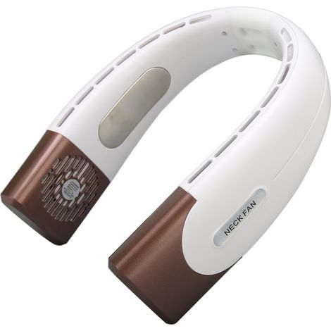 Ventilateur de cou portable, rechargeable par USB, sans pales haute puissance, portatif, rafraîchissant pour les voyages en extérieur, beige chaud. (1/5)