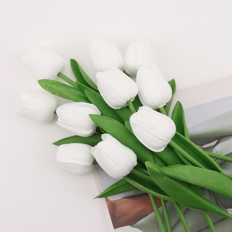 Bouquet de tulipes artificielles pour décoration de mariage (10 fleurs, blanches)