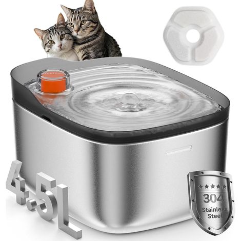 Fontaine a Eau Chat INOX, 4,5L Fontaine à Eau pour Chat, Ultra Silencieux avec Batterie 4000 mAh, Disponible pour Les Animaux de Petite et Moyenne Taille- FS0010BK (1/5)