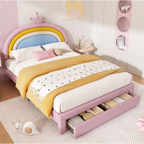 Letto per bambini 140/200 cm rosa in PU con testiera arcobaleno regolabile e 2 cassetti (1/5)
