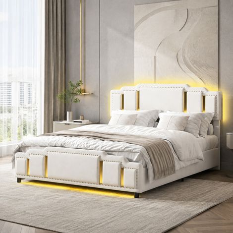 Lit coffre 160x200 cm en velours beige avec éclairage LED et rangement hydraulique - CHICFURN (1/5)