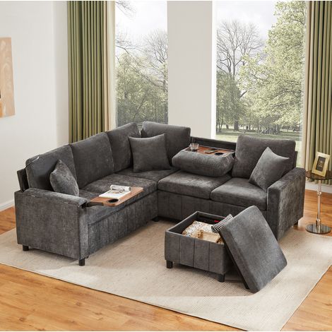 Canapé d’angle convertible 205x205x85 cm gris en chenille avec rangement, USB, Type-C et tablette intégrée (1/5)