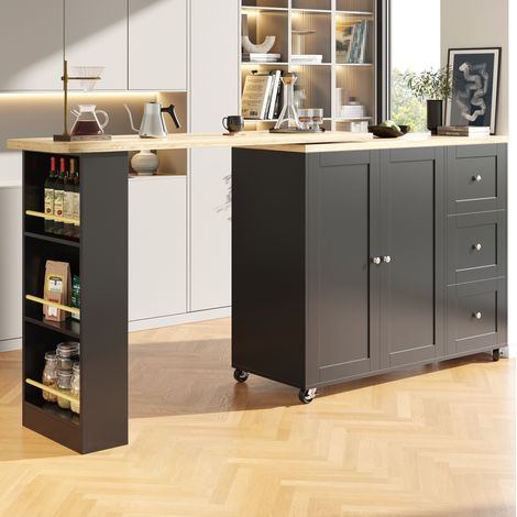 Table bar rotative 135x39x106/203x39x106 cm noire en MDF avec roulettes, 3 tiroirs et rangement (1/5)