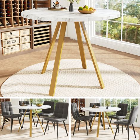 Table ronde 80x80x75cm, table à manger ronde pour 4 personnes, table de cuisine et salon, pieds en métal doré, plateau blanc effet marbre, meuble élégant pour salle à manger et séjour. (1/5)