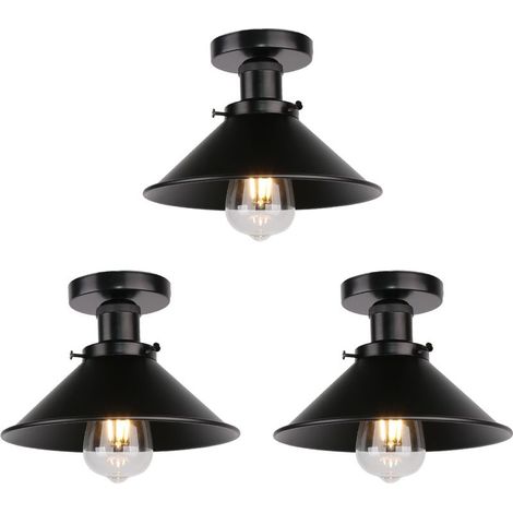 Plafonnier Vintage Rétro Lampe de Plafond Industrielle Fer Abat-jour 22cm Tout Noir 3PCS (1/5)