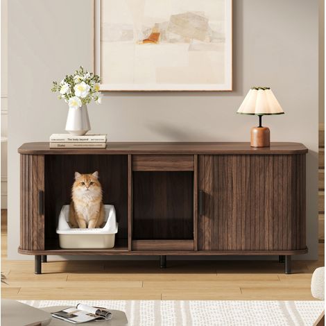 Mobile per lettiera per gatti 140x50x60 cm, con porte scorrevoli, 2 scomparti, tappetino raccogli lettiera, MDF colore noce (1/5)
