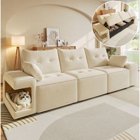 Sofá modular de terciopelo, sofá recto de 3 plazas con espacio de almacenamiento y nichos para mascotas, 229,5 cm, beige (1/5)