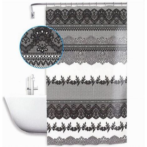 Trade Shop - Tenda Doccia Antimuffa Impermeabile 180x200 Cm Con Anelli Bagno Pizzo Nero 59521 - (1/2)