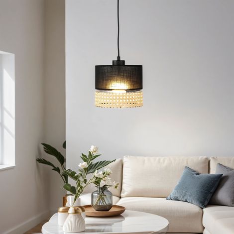 Hängelampe Schwarz Braun Ø 20 cm E27 Stoff Rattan Hängeleuchte Wohnzimmer Esszimmer