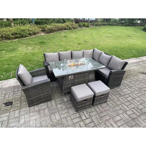 Fimous High Back Rattan Garden Furniture Sets Gas Fire Pit Dining Table Gas Heater Set Corner Sofa Small Footstools Chair 9 Seater (1/3)
