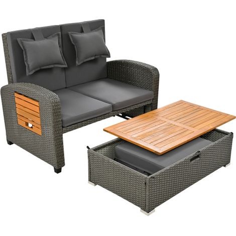 Garten Lounge Set 2 Personen aus Grauem Rattan, Verstellbare Rückenlehne, mit Hocker, Kissen und Stauraum, als Outdoor-Bett Nutzbar