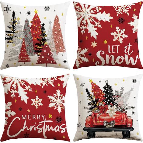 Fundas de cojín decorativas navideñas de 45 x 45 cm (juego de 4), diseño de camión y copo de nieve, rojas, para sofá o sillón. (1/5)