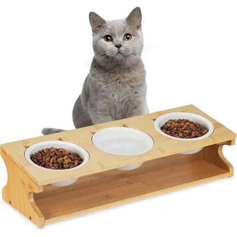 Ensemble de gamelles 3 en 1 pour chat avec support en bois, distributeur multi-compartiments pour eau, nourriture humide et croquettes. (1/3)