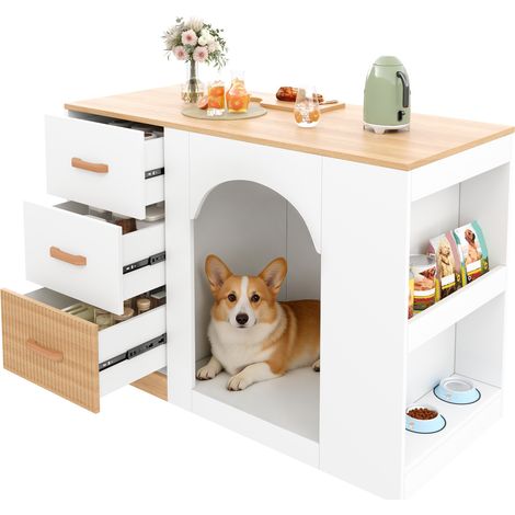 Îlot de cuisine avec coin repos pour animal, 3 tiroirs, rangements latéraux, MDF blanc effet bois, 120 x 60 x 90 cm (1/5)