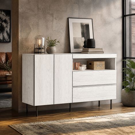 Buffet moderne minimaliste 140x42x77 cm, 2 portes, 2 tiroirs, blanc, panneaux de bois FloraGrace (1/5)