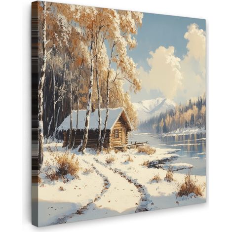 TABLEAU SUR TOILE Hiver - Neige - Maison - Nature Tableau Chambre Adulte 90x90 cm