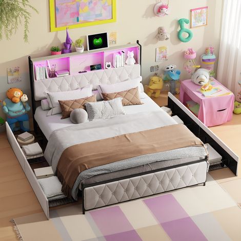 HYTKKBD – Lit avec Tiroirs 140x200cm,Lit Capitonné avec Éclairage LED,Ports USB et Type-C,Lit Double avec 4 Tiroirs de Rangement,Tête de lit avec Rangement,Velours,Beige