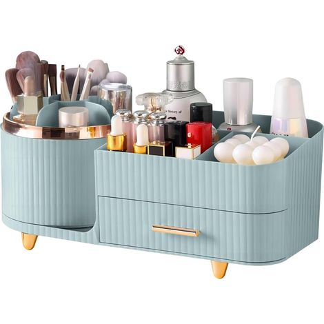 Organisateur maquillage rotatif 360° avec tiroir, grand rangement pour pinceaux et cosmétiques. (1/5)